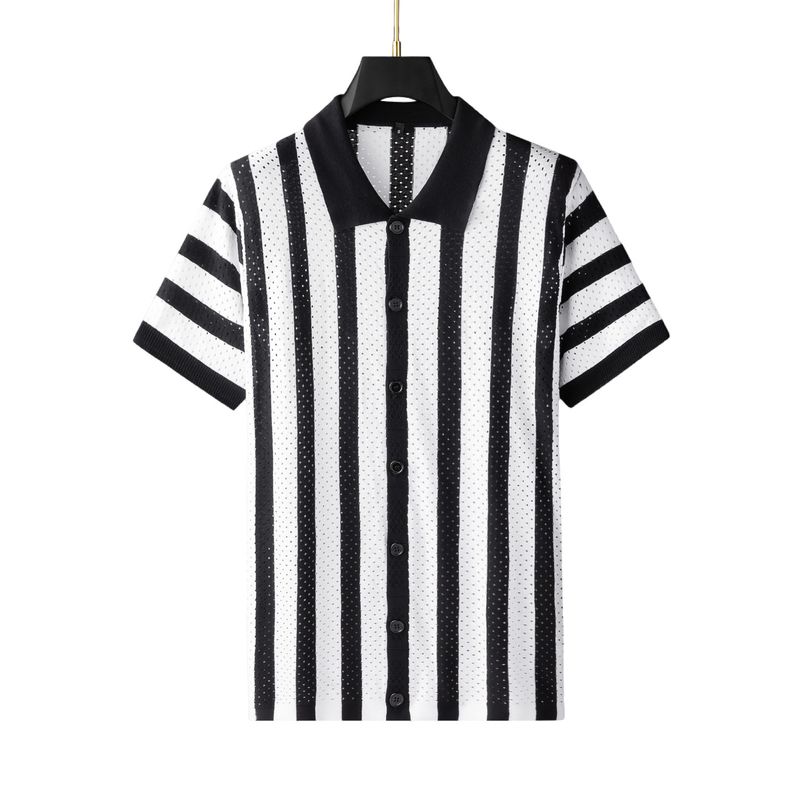 Polo a righe da uomo a maniche corte - Misto cotone elasticizzato e traspirante, vestibilità comoda, stile casual retrò, nero e bianco, taglie dalla M alla XXL_voghion.com