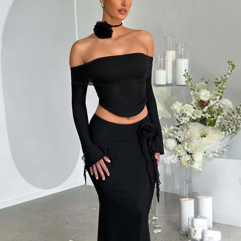 Vêtements pour femmes européennes et américaines AliExpress Cross Border nouveau haut tube sans bretelles sexy haut à manches longues jupe slim ensemble deux pièces_voghion.com