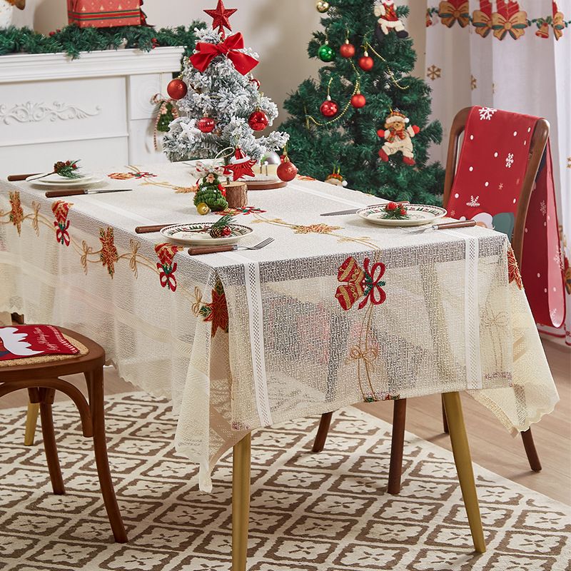 Weihnachtstischdecken-Set – Festliche Esstischdecke mit Weihnachtsmann, Glöckchen und Blumenmuster – Polyester, knitterfrei, waschbar – 5 Größen_voghion.com