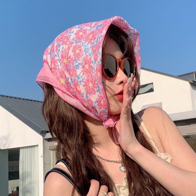 Literary fresh small square spring summer silk scarf, casual travel cotton and linen headscarf, sweet printed_voghion.com