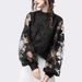 New Women's Lace Puff Sleeve Transparent Round Neck Solid Color Top Shirt Spot_voghion.com