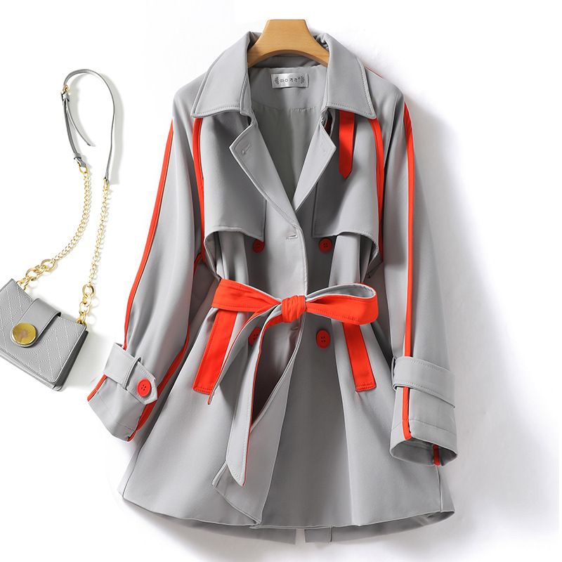 Damenbekleidung Kontrastfarben gestreifter kurzer Trenchcoat mit Gürtel 2023 Herbstneuer langärmliger Revers-Zweireiher-Trenchcoat in Kontrastfarbe 8254_voghion.com