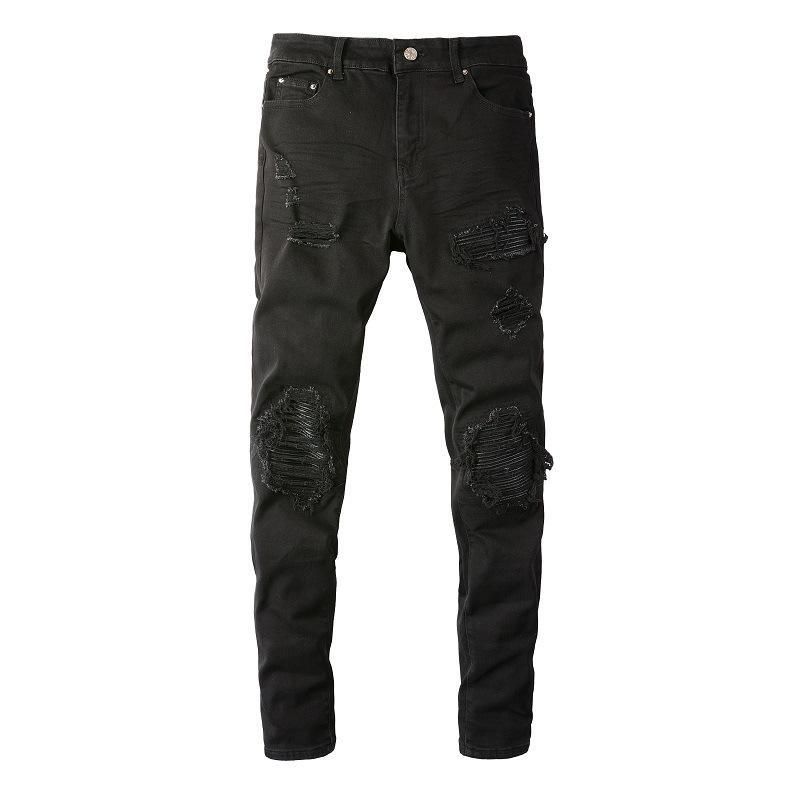 High Street Trendy Black Jeans For Men, Ripped And Patched, Stretch Slim Fit Skinny Pants_voghion.com
