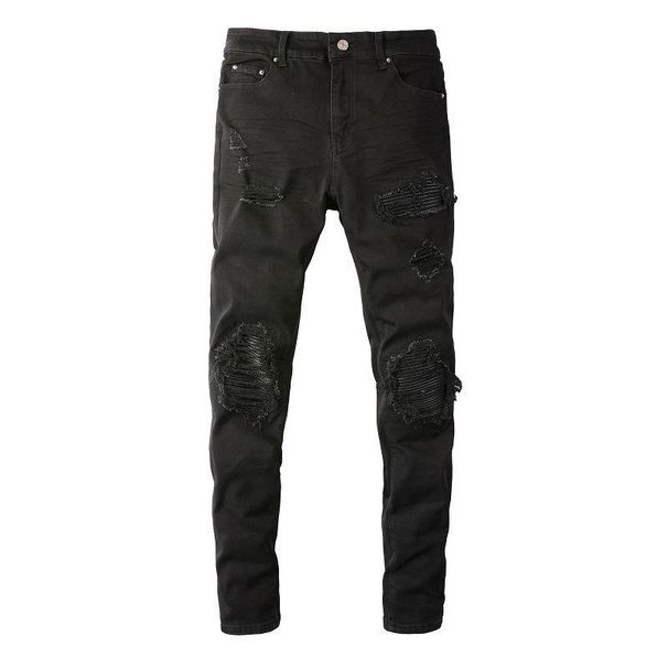 High Street Trendy Black Jeans For Men, Ripped And Patched, Stretch Slim Fit Skinny Pants_voghion.com