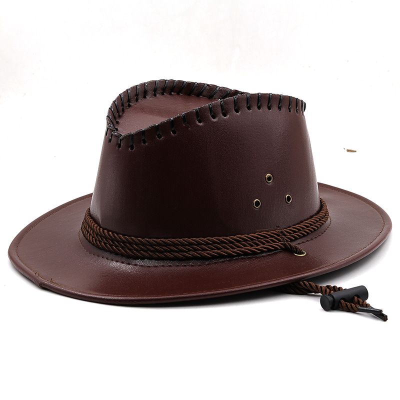 Western cowboy ethnic style, outdoor horse racing knight leather glossy small top hat, shaped hat_voghion.com