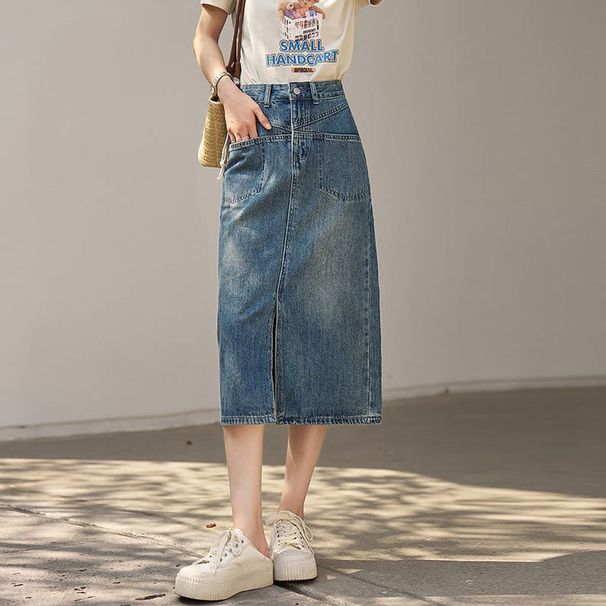 Tasca di design con gonna lunga, linea ad A, vita alta, gamba dritta, cavallo a forma di pera, spacchi e glutei_voghion.com