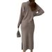 Damen Strickkleid Anzug Set Langarm Zweiteiliges Outfit Winter Elegantes Büro Casual Wickelkleid Mit Gürtel_voghion.com
