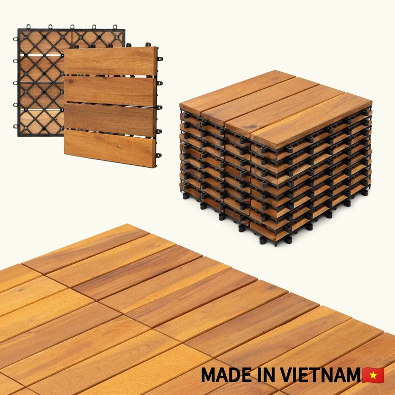 10pcs Acacia Wood Interlocking Flooring Tiles Waterproof Flooring For Outdoor & Indoor Patio, Balcony, Garden, Poolside, 11.8 × 11.8 In_voghion.com