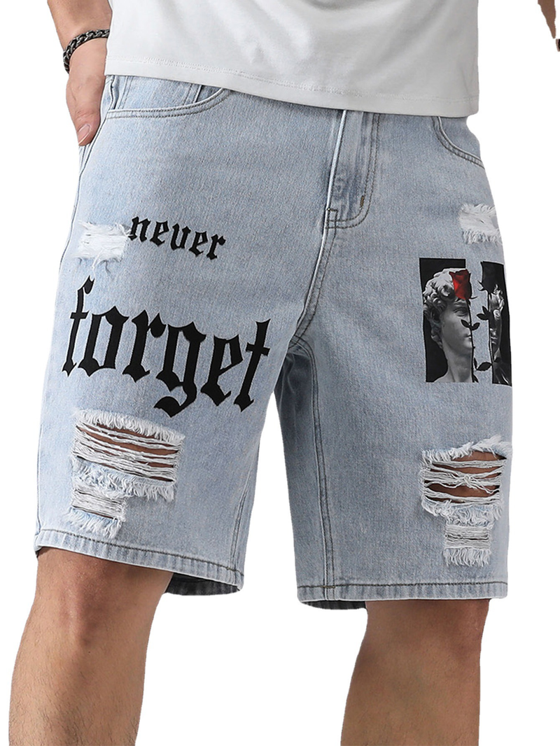 2024 été nouveau jean ample imprimé perforé Capris décontracté haute rue short pour hommes_voghion.com