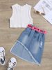 Kids 3-Piece Denim Dress Set With Belt & Striped Vest Top - Soft Cotton Blend Outfit For Girls 3-8 Years Trendy Casual Wear_voghion.com