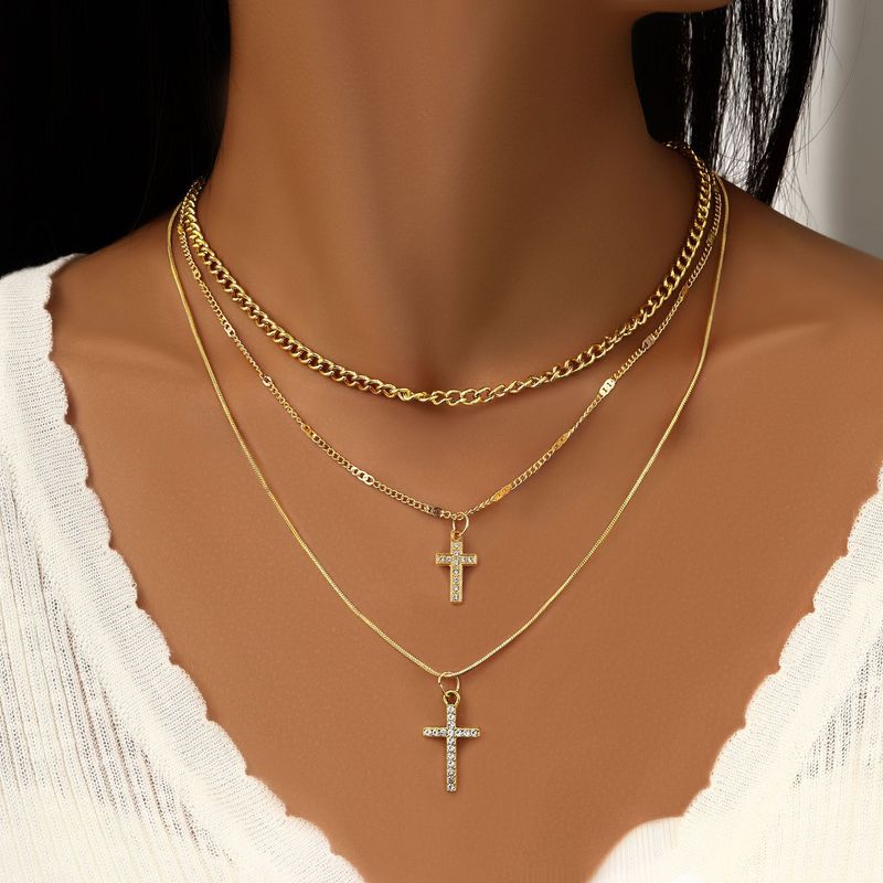 new ins fashionable simple niche retro cross pendant clavicle chain multi layer stacking necklace_voghion.com