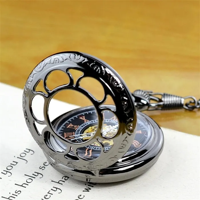 Vintage hollow back transparent pocket watch clamshell student Men's and women's Mechanical movement Romanized men's manual mechanical pocket watch_voghion.com