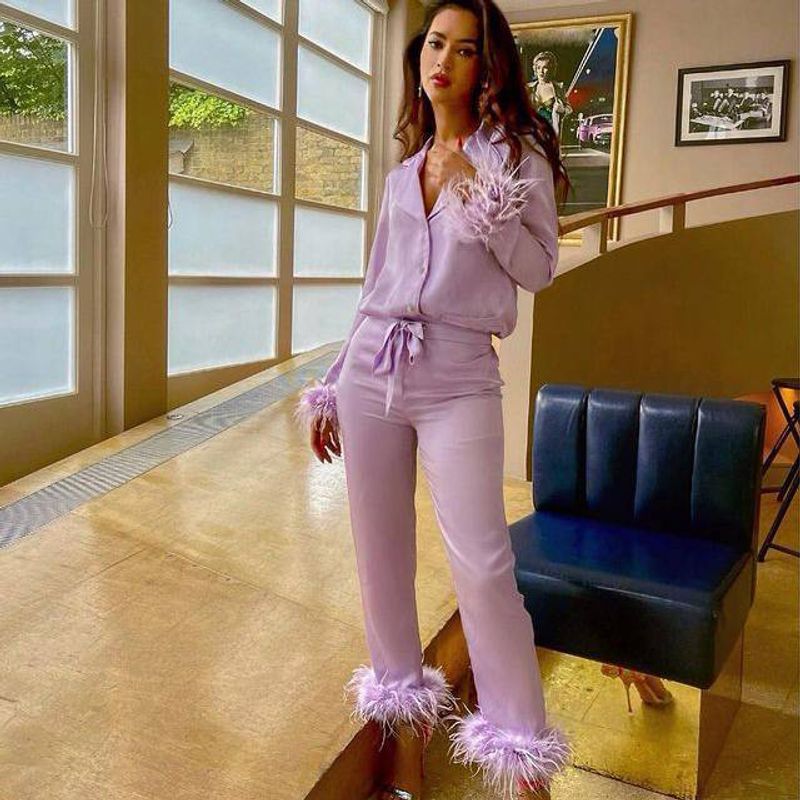 Abbigliamento da donna Completo tinta unita Top con risvolto Pantaloni con piume Set due pezzi Set pigiama_voghion.com