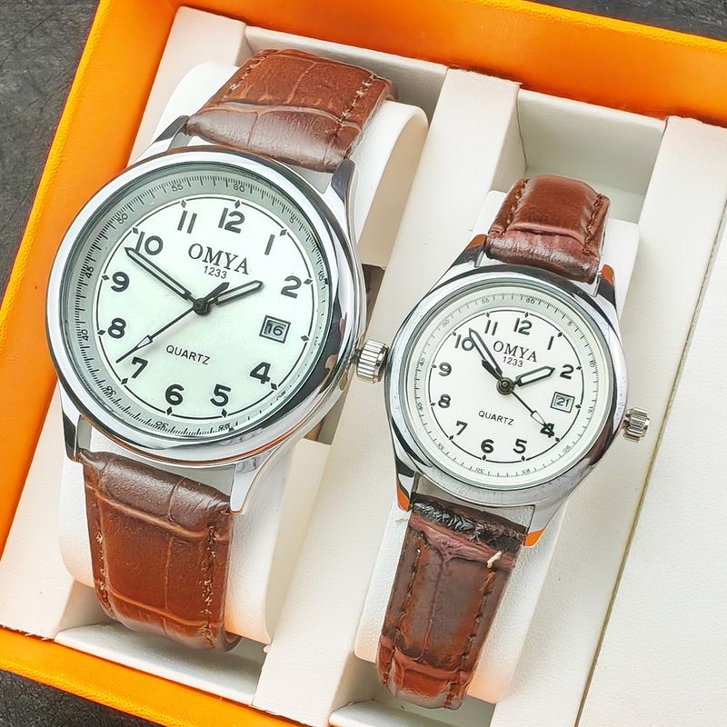 OMYA Orologio al quarzo con cintura in pelle per coppia, impermeabile 3 ATM, calendario, regalo per uomo e donna_voghion.com