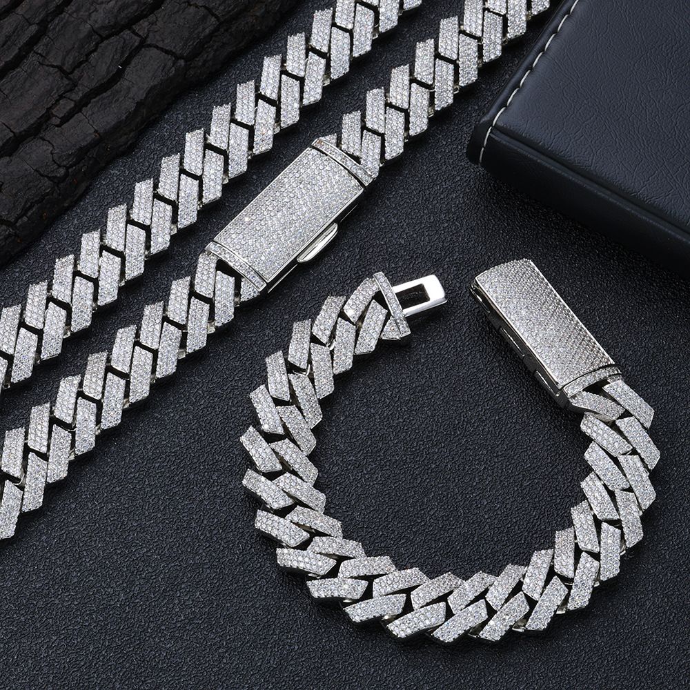 Heren- en damessieraden Hiphop Cubaanse schakelketting met 3-rijige zirkonia's, 16 mm breed, bijpassende armbandset in goud en zilver Herenarmband_voghion.com