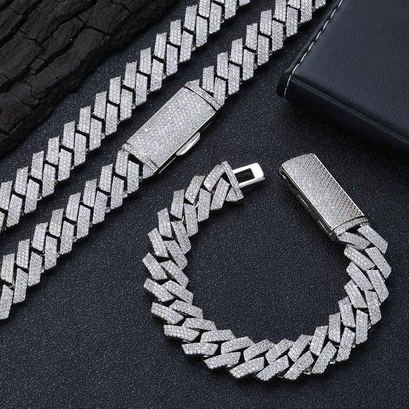 Collana con catena a maglie cubane Hip Hop da uomo e da donna con 3 file di pietre CZ, larghezza 16 mm, bracciale abbinato in oro e argento. Bracciale da uomo._voghion.com