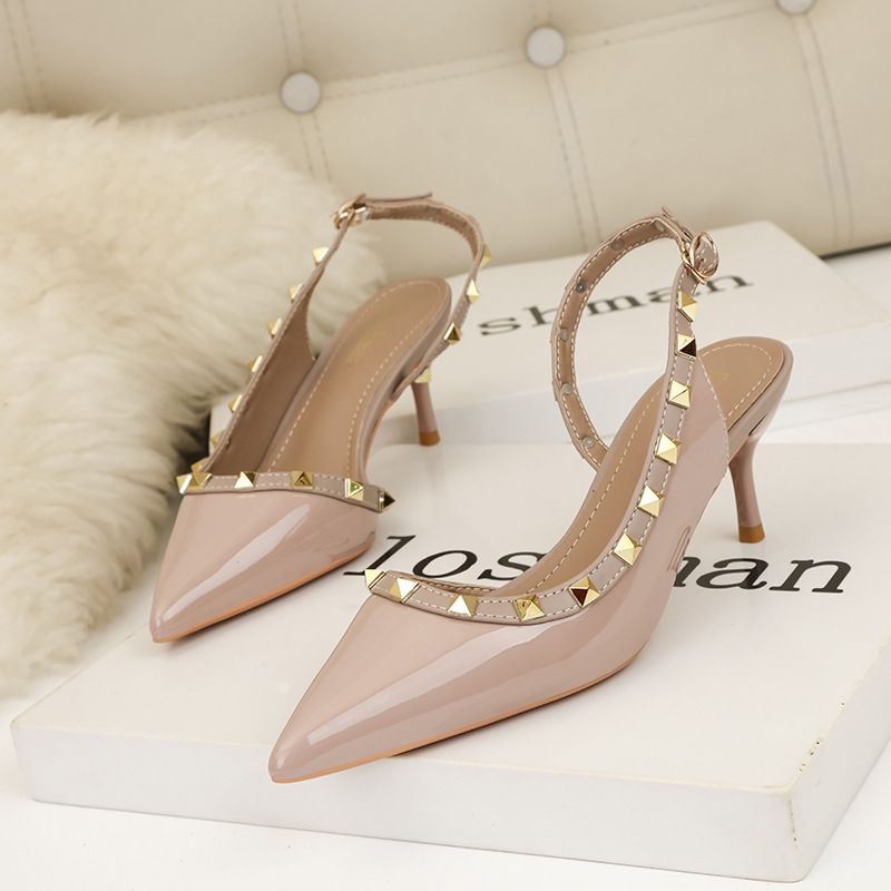 Women's simple fashion sexy nightclub stiletto high heel shallow mouth pointed rivet hollow women's sandals_voghion.com