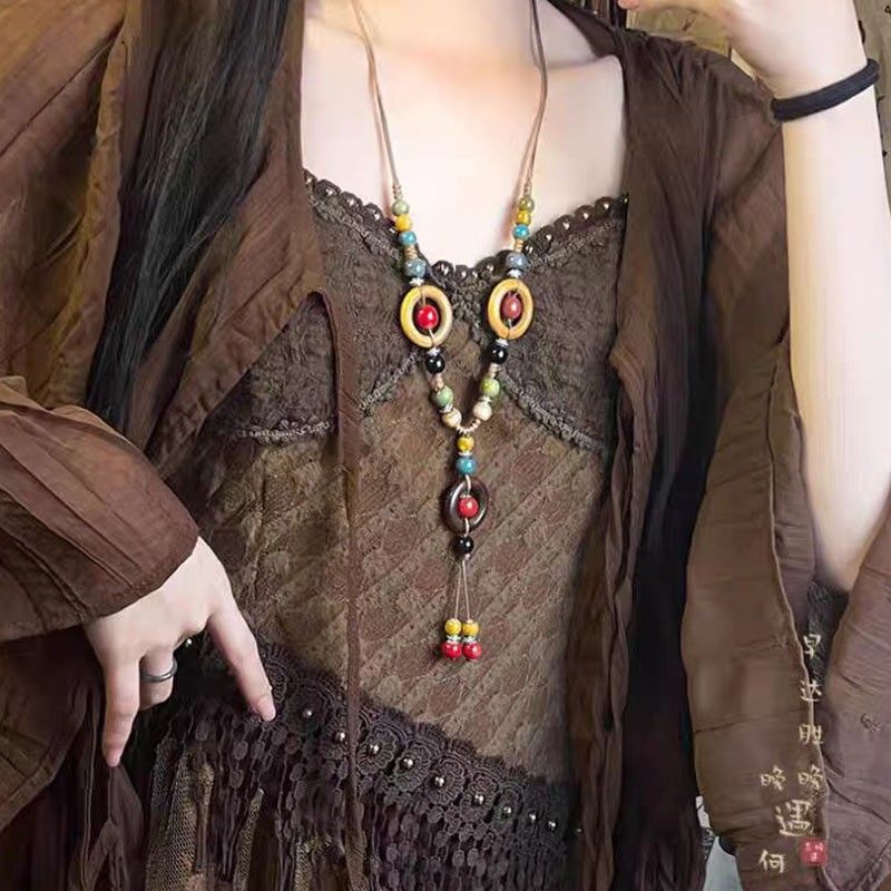 New Chinese Long Ceramic Bead Women's Ancient Zen Woven Necklace, Ethnic Style Versatile Collarbone Chain_voghion.com