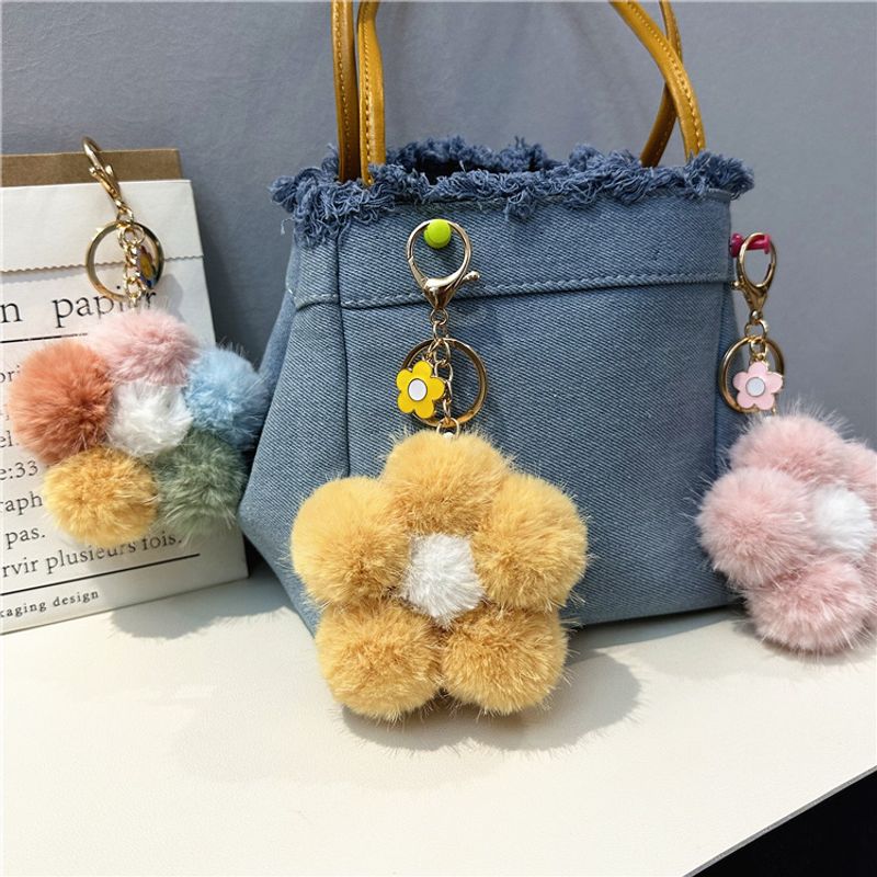 Bag Charm Cherry Blossom Fur Ball Car Keychain Small Fresh Colored Plush Flower Mobile Phone Ornaments Flower Bag Pendant Gift_voghion.com
