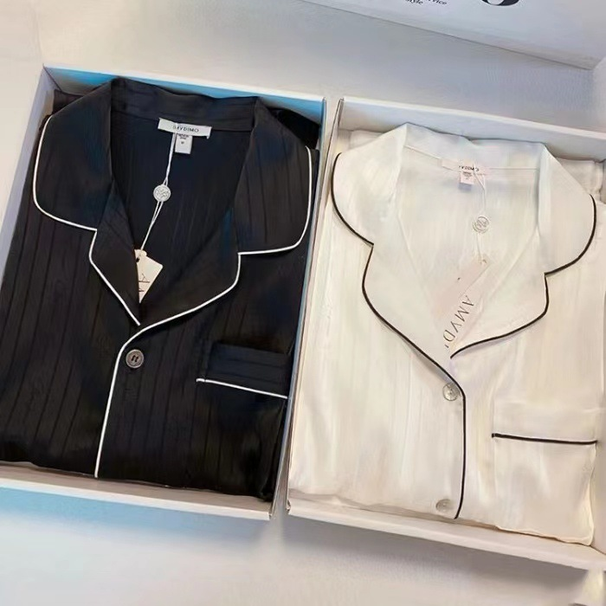 Vår- och höstny pyjamas för par, dam, långärmad kofta i siden, tvådelat set, livesändning via internet_voghion.com