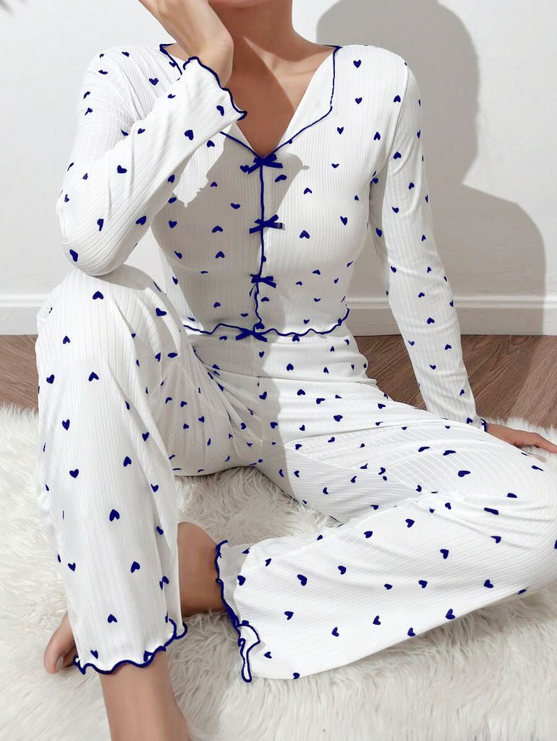 Women's Intimates Home Clothes Love Print Long Sleeved Lapel Pajamas Women Can Be Worn Outside Long Pants Two Piece Suit_voghion.com