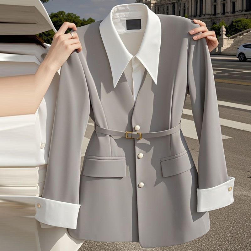 Ropa de mujer Traje de dos piezas negro de principios de otoño Chaqueta de traje con cintura_voghion.com