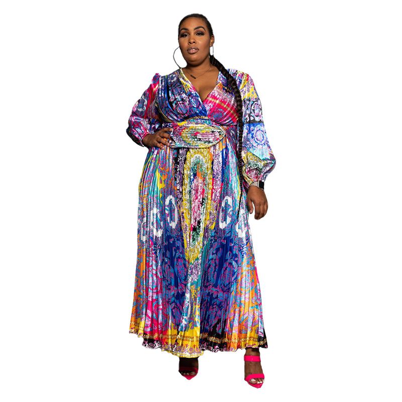 Women's Clothing ins large size women's clothing autumn and winter printed V neck loose pleated temperament large swing dress_voghion.com