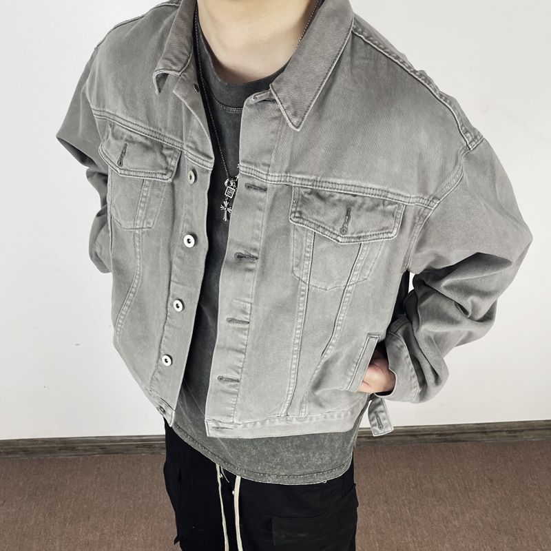Amerikanische Vujade Kenijima Stil Boxy Kurze Breite Gewaschen Grau Denim Koreanische Version Jacke_voghion.com