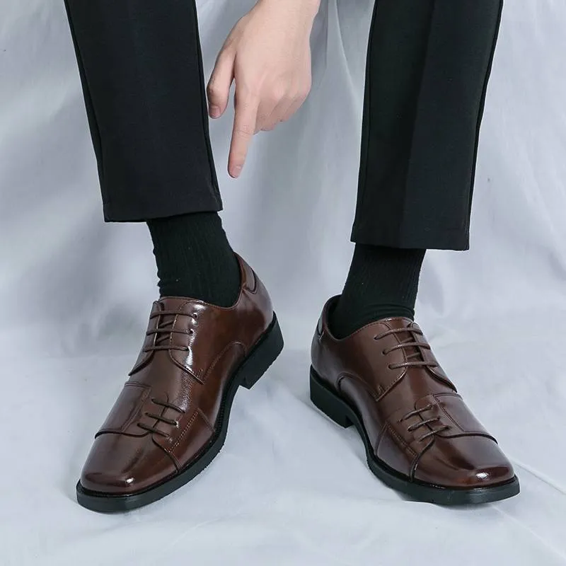 Chaussures pour hommes à bout carré, chaussures derby à lacets en cuir véritable, style britannique, marron, pour robe de banquet et de mariage_voghion.com