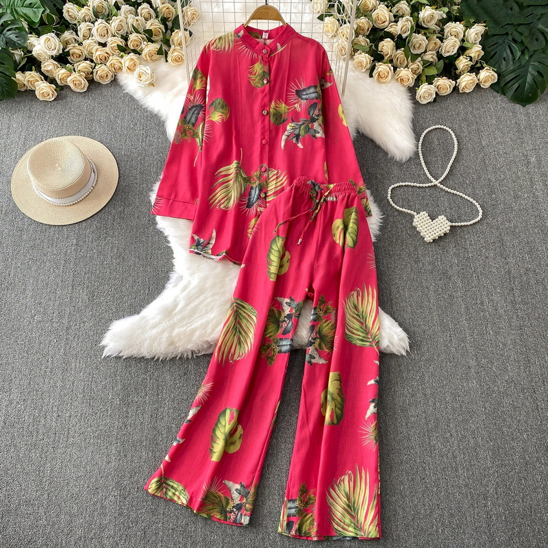 Damenbekleidung Retro Einreihiger Stehkragen Langarmhemd Design Bedruckte Jacke Zweiteiliger Anzug Hohe Taille Schlanke Hose mit weitem Bein_voghion.com