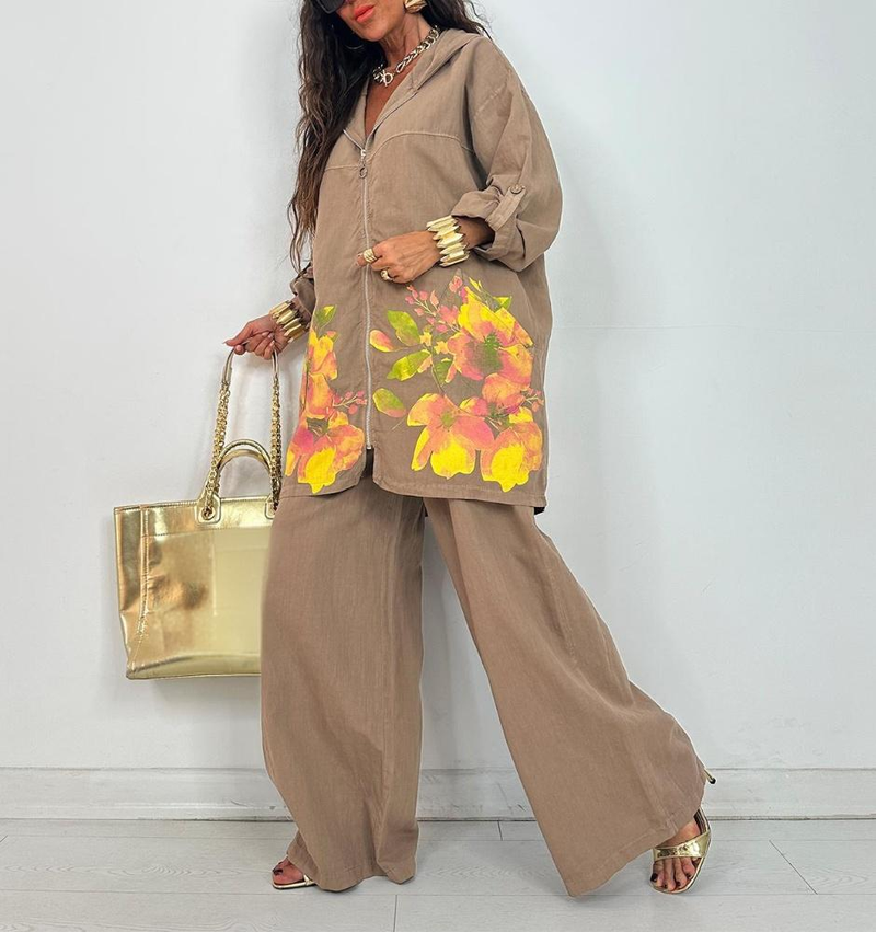 Şık Çiçek Desenli Uzun Kollu Pantolon Takımı – Rahat Polyester Ev ve Ofis Giyimi (S-5XL, Sarı/Yeşil/Bej/Haki/Siyah, Büyük Bedenlere Uygun)_voghion.com