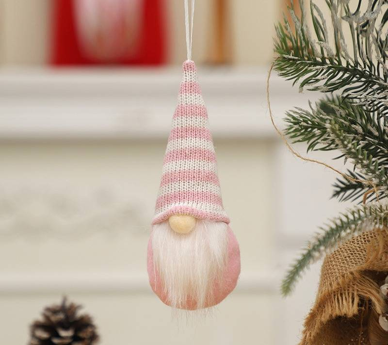 Zestaw ręcznie robionych ozdób świątecznych – wiszące ozdoby w kształcie staruszka bez twarzy w różnych kolorach (biały, różowy, czerwony, szary, zielony)_voghion.com