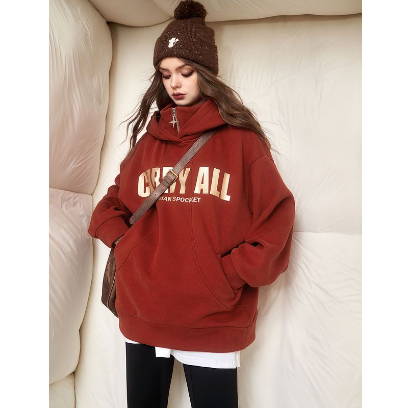 Felpa con cappuccio in velluto rosso natalizio in stile americano per donna in autunno inverno con cerniera spessa e un_voghion.com