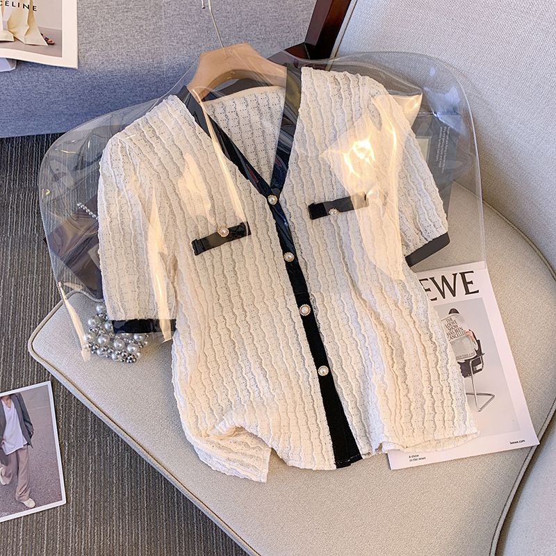 Vêtements pour femmes Fat Mm Vêtements d'été Col en V Jacquard Cardigan creux Haut Jupe trapèze Petit style Costume deux pièces couvrant la viande_voghion.com