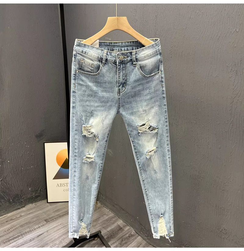 Thin Distressed Elastic 2025 Summer Slim Fit Ruffled And Handsome Cropped Jeans, Men's Fur Edge Trendy Small Leg Casual_voghion.com