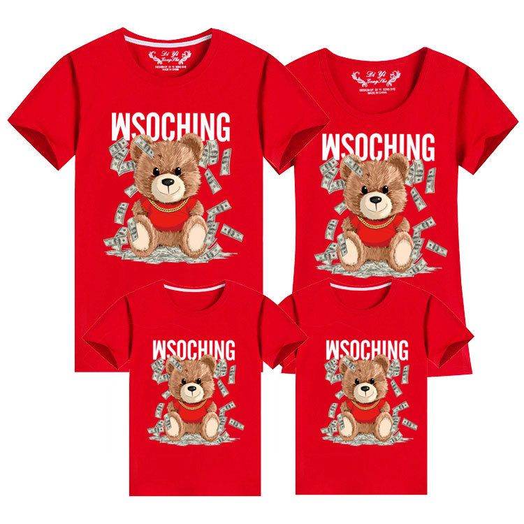 Anya és gyerek szülő-gyermek ruházat tavaszi és nyári új rövid ujjú családi viselet háromtagú családnak USD rajzfilm medvés szülő-gyermek póló_voghion.com