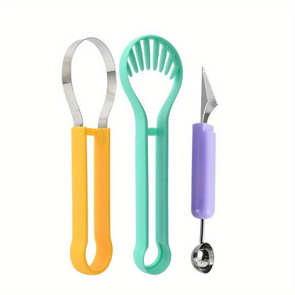 Set da 3 pezzi di coltello da cucina per intagliare la frutta, set da tre pezzi di cucchiaio per scavare l'anguria in acciaio inossidabile, set di utensili per piatti da frutta e palline per scavare_voghion.com