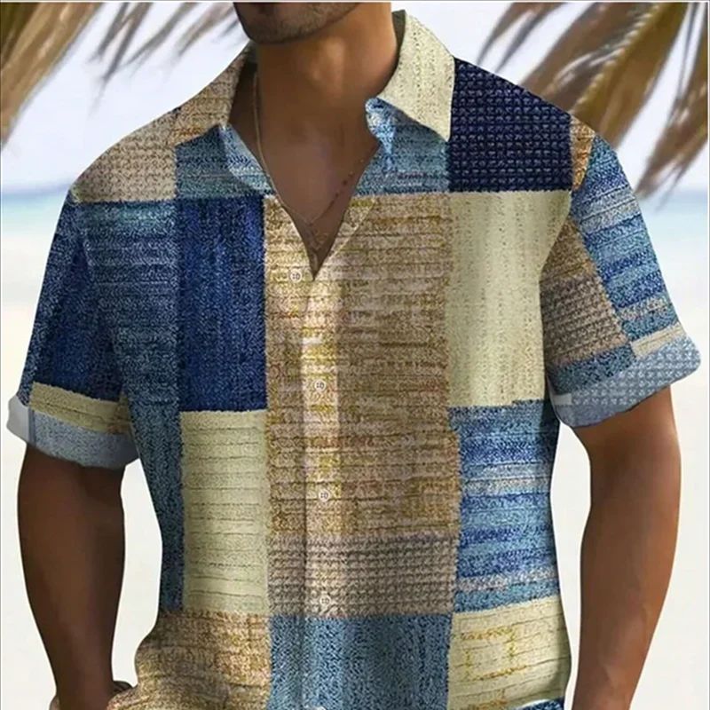 2024 Men's Color Block 3D Printed Button-down Lapel Short Sleeve Shirt Large Size 5XL High Quality Hawaiian Beach Top_voghion.com