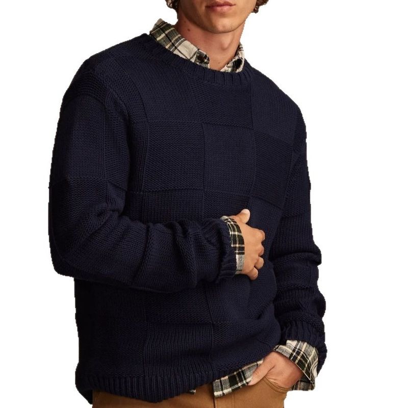 Karierter Strickpullover für Herren – Übergroße Passform, Retro-Schachbrettmuster und atmungsaktive Polyestermischung für Freizeitkleidung (Beige, Marineblau, Braun)​_voghion.com