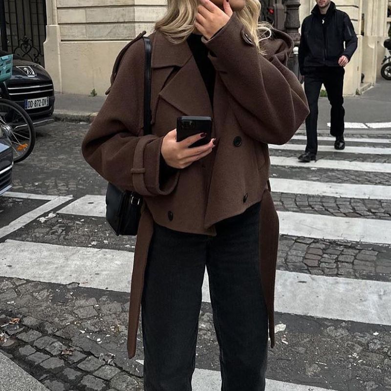 Abrigo largo de mezcla de lana para mujer: abrigo de invierno clásico estilo gabardina con solapa de muesca y diseño cruzado._voghion.com