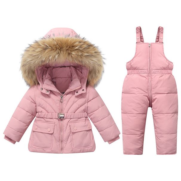Ensemble de combinaison de neige d'hiver pour enfant – Salopette isolante et doudoune à capuche (bavoir amovible, 90 % duvet de canard blanc, polyester déperlant, unisexe 1-4 ans)_voghion.com