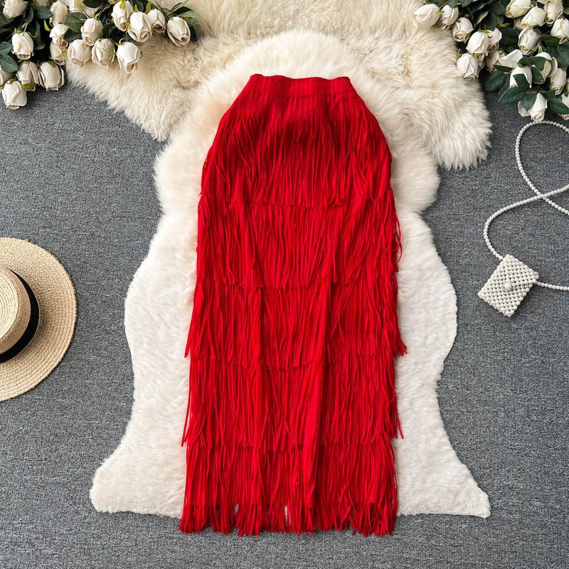 Frauen Kleidung Sommer neue plissee rot quaste rock nische design high-grade kuchen rock taille abnehmen hüfte rock_voghion.com