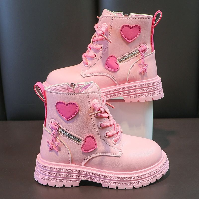 Girls Kids Fashion Rubber Boots Cool Girl Autumn and Winter Cotton Soft Sole Pink with Love Side Zip Princess Round-toe_voghion.com