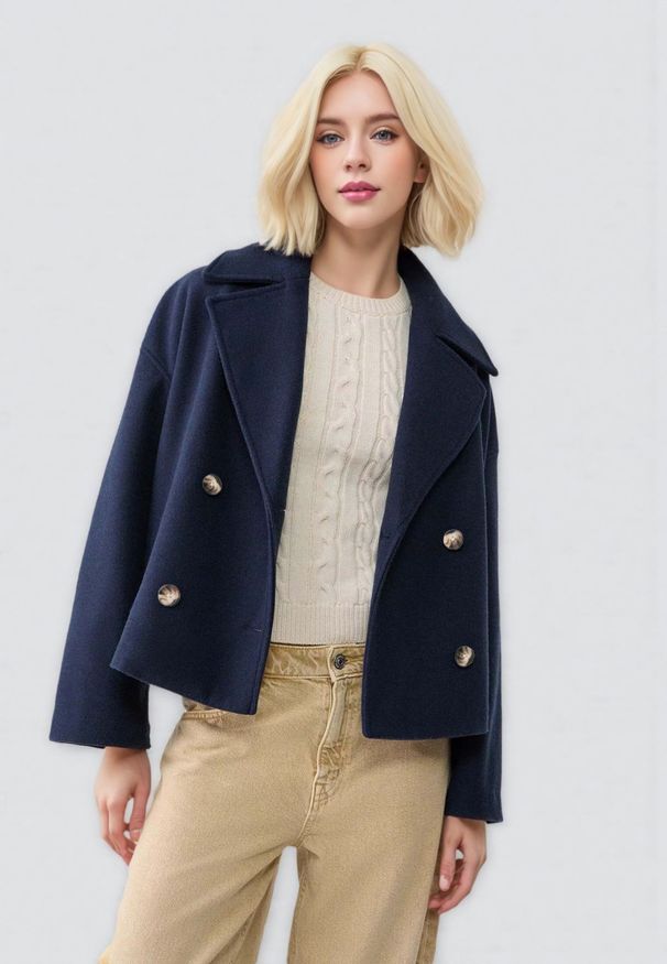 Damen-Peacoat aus Wollmischung mit zweireihiger Knopfleiste, Trenchcoat mit Revers und Knopfdetail, eleganter, locker sitzender Kurzblazer für Büroausflüge_voghion.com
