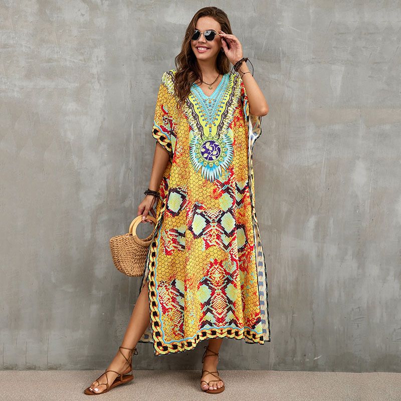 Abito da spiaggia ampio con fondo blu e fiori, da donna, per vacanze al mare, con protezione solare, bikini, costume da bagno, camicetta_voghion.com
