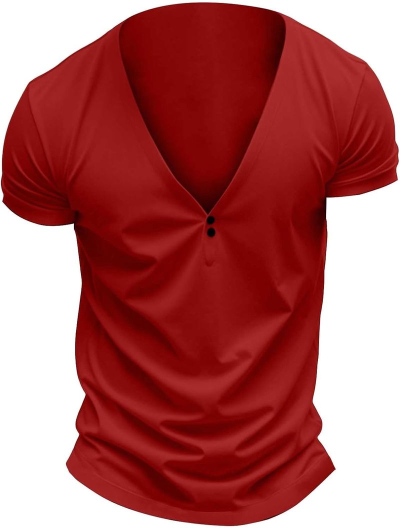 Henley Shirt Kurzarm Slim Fit, Tshirt Herren V Ausschnitt Minimalistische Einfarbig Basic Tshirts Button Down_voghion.com