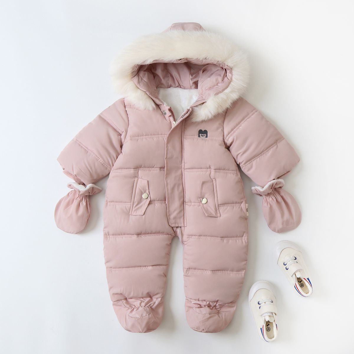 Warm Fleece-Lined Baby Jumpsuit With Hood & Mittens - Winter Infant Romper For Boys & Girls (6M-24M, 66-90cm) - Soft Polyester All-in-One Snowsuit_voghion.com