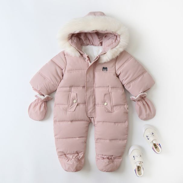Warm Fleece-Lined Baby Jumpsuit With Hood & Mittens - Winter Infant Romper For Boys & Girls (6M-24M, 66-90cm) - Soft Polyester All-in-One Snowsuit_voghion.com