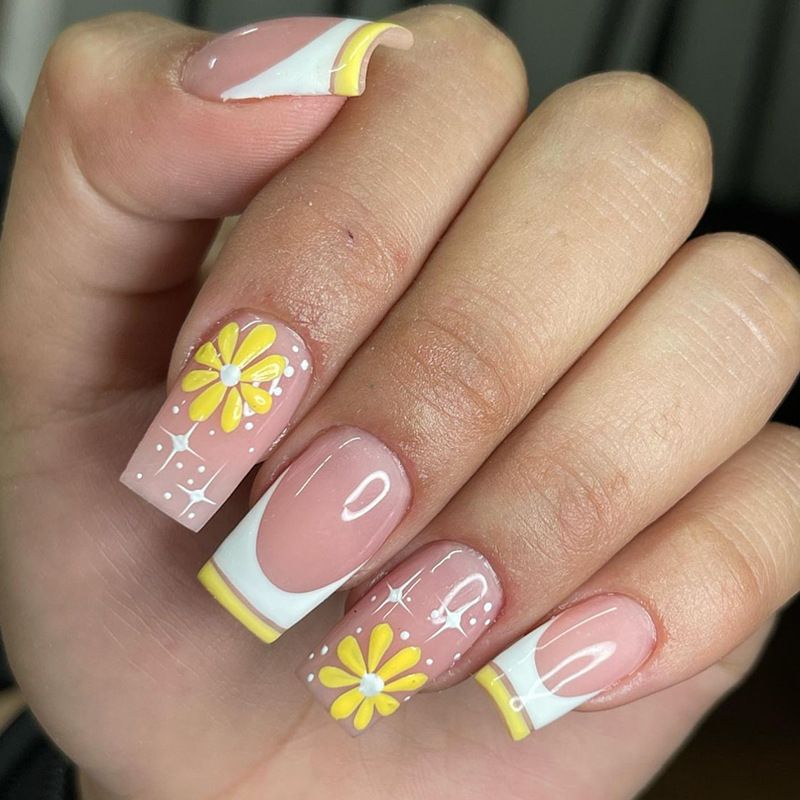 Nagels 24 stuks Vals met kleurrijke bloemmotieven Lange vierkante nepnageltips Draagbaar Balletpers op nagels Vol_voghion.com
