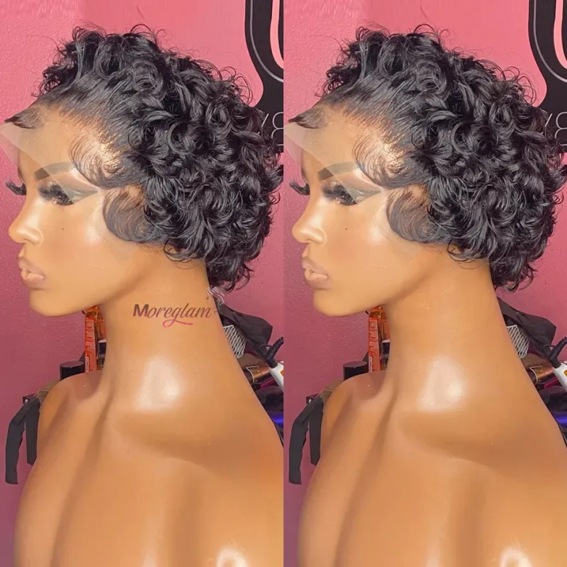 Brun Ombre Pixie Cut Kort Bob Lockig Äkta Hår Peruk 99J Vinröd Vatten Djup Vågig Peruk_voghion.com
